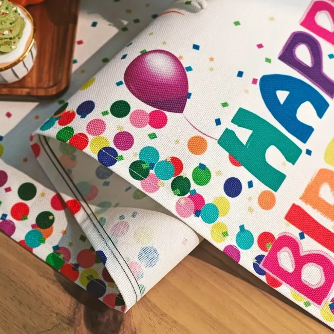 Linen Birthday Table Runner – Colorful, Reusable Party Decor