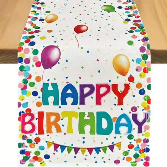 Linen Birthday Table Runner – Colorful, Reusable Party Decor
